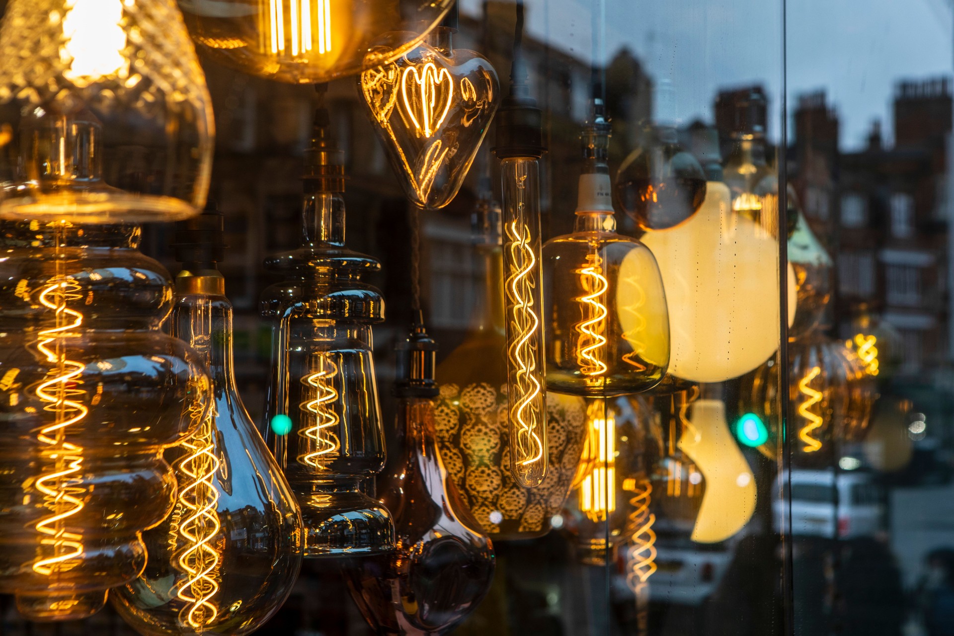 Electric lights hanging in a shop window